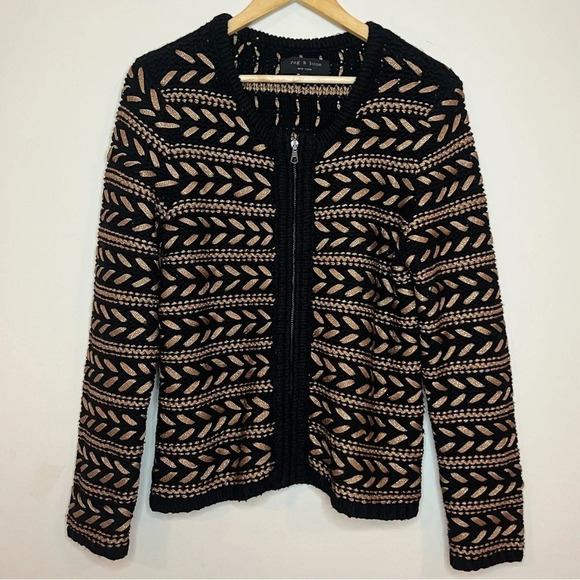 RAG & BONE Lisbeth Lambswool Blend Metallic Gold Zipup Knit Cardigan - Picture 2 of 9